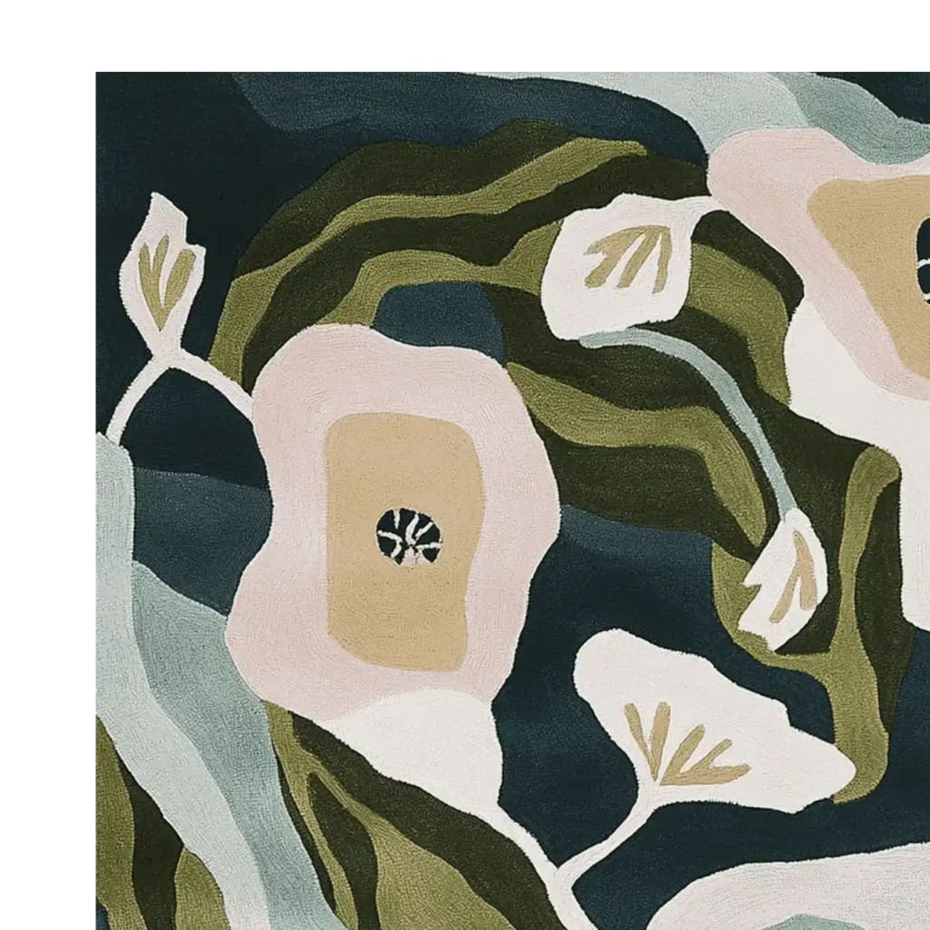 Close-up view of the Floral Rush Hour Hand Tufted Area Rug, showcasing its contemporary abstract floral design in muted greens, pinks, and blues. Perfect for adding a touch of modern elegance to any living room, this wool rug is available in 8x10, making it ideal for those seeking stylish rugs for living room spaces.