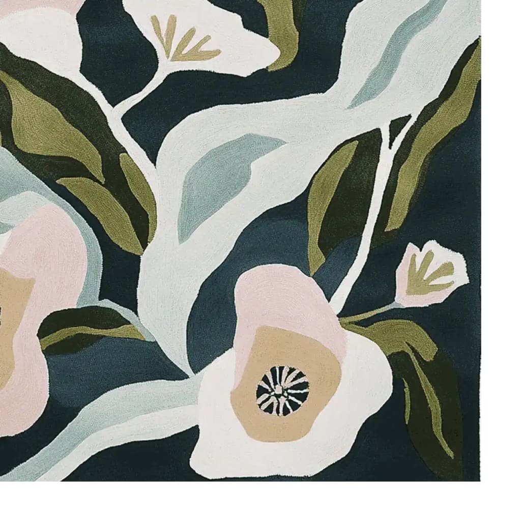 This image showcases the Floral Rush Hour Hand Tufted Area Rug, a contemporary wool rug perfect for living rooms. The design features abstract floral patterns in soft pink, green, and beige tones, adding a touch of elegance to any space. Ideal for those seeking living room rugs in 8x10 dimensions.