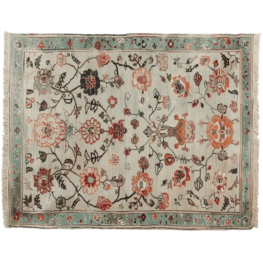 A beautifully crafted floral scroll harmony hand-knotted area rug, perfect for adding elegance to any living room. This 8x10 wool rug features an intricate floral pattern with vibrant colors, ideal for those seeking a stunning floral rug centerpiece.