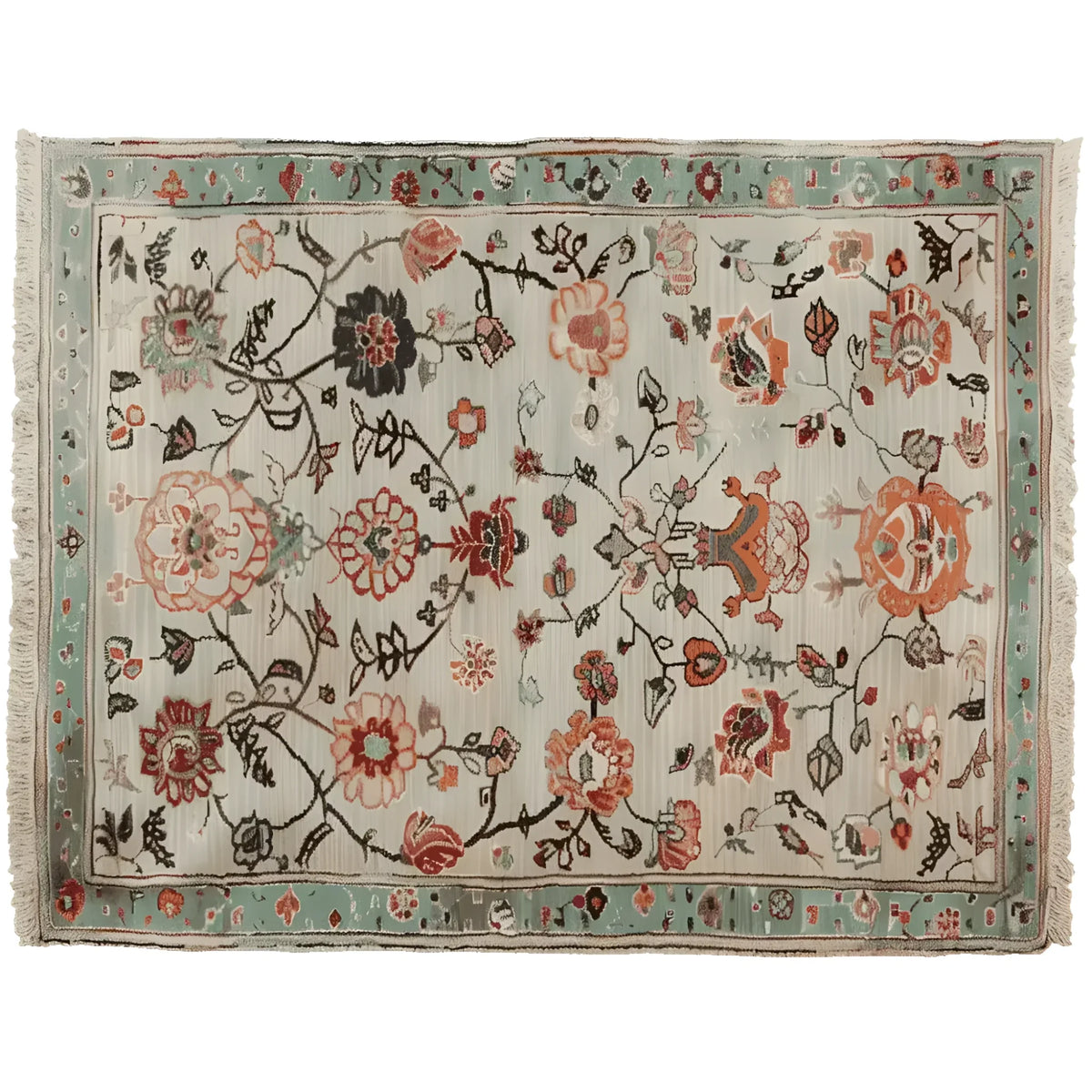 A beautifully crafted floral scroll harmony hand-knotted area rug, perfect for adding elegance to any living room. This 8x10 wool rug features an intricate floral pattern with vibrant colors, ideal for those seeking a stunning floral rug centerpiece.