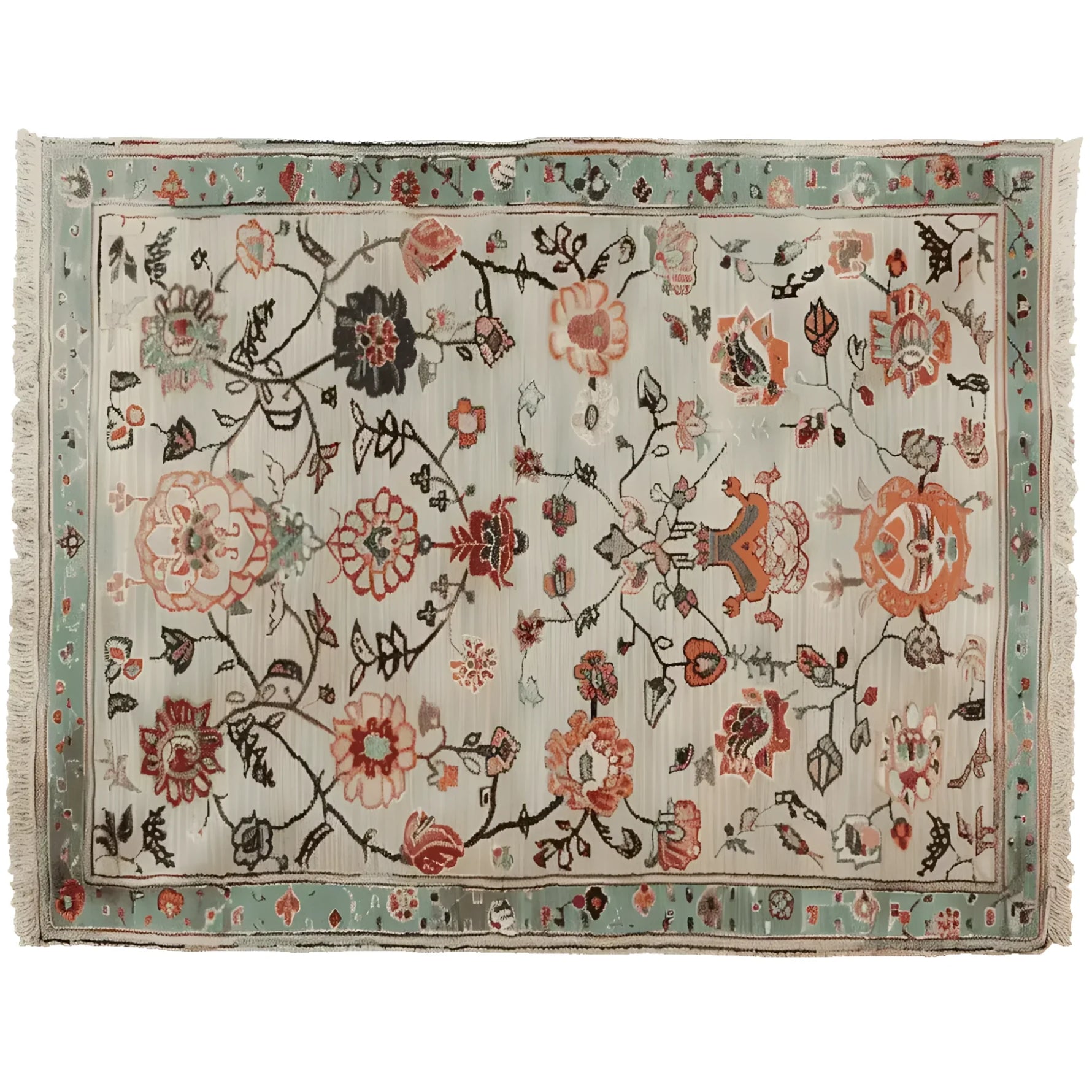 A beautifully crafted floral scroll harmony hand-knotted area rug, perfect for adding elegance to any living room. This 8x10 wool rug features an intricate floral pattern with vibrant colors, ideal for those seeking a stunning floral rug centerpiece.