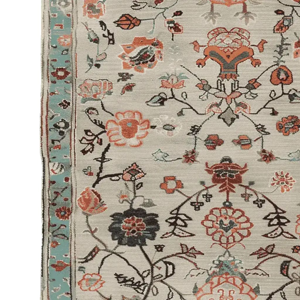 Close-up of a Floral Scroll Harmony Hand Knotted Area Rug, showcasing intricate floral patterns in warm tones on a soft wool texture. Perfect for adding elegance to living room rugs 8x10. This floral rug beautifully combines traditional design with modern aesthetics.