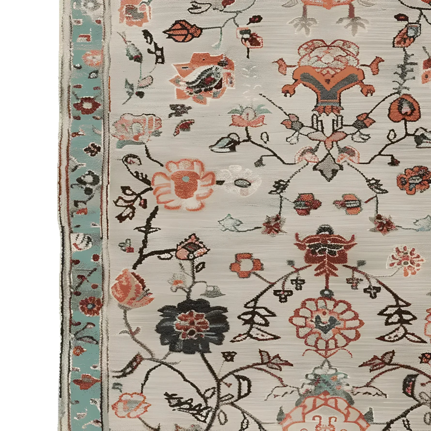 Close-up of a Floral Scroll Harmony Hand Knotted Area Rug, showcasing intricate floral patterns in warm tones on a soft wool texture. Perfect for adding elegance to living room rugs 8x10. This floral rug beautifully combines traditional design with modern aesthetics.