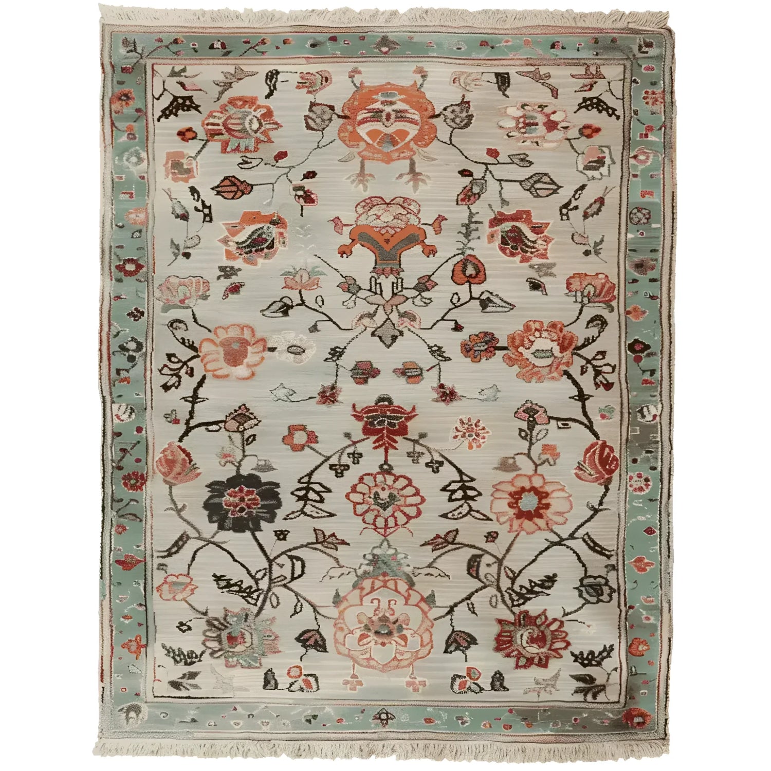 A beautifully hand-knotted area rug featuring an intricate floral design in warm tones, perfect for enhancing any living room space. This 8x10 wool rug showcases a harmonious blend of traditional patterns and vibrant colors, making it an ideal choice for those seeking a stylish floral rug.