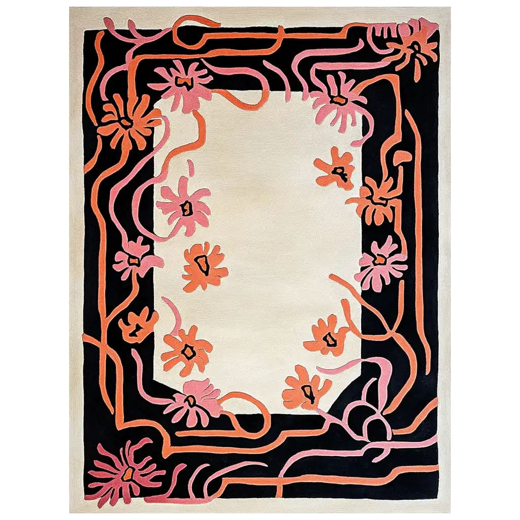 Top view of a beautiful Floral Spiral Hand Tufted Wool Rug showcasing intricate floral patterns in pink and orange against a cream and black background. Perfect area rug for enhancing your living room decor with a touch of elegance, ideal for those seeking large living room rugs and wool rugs with a floral design.