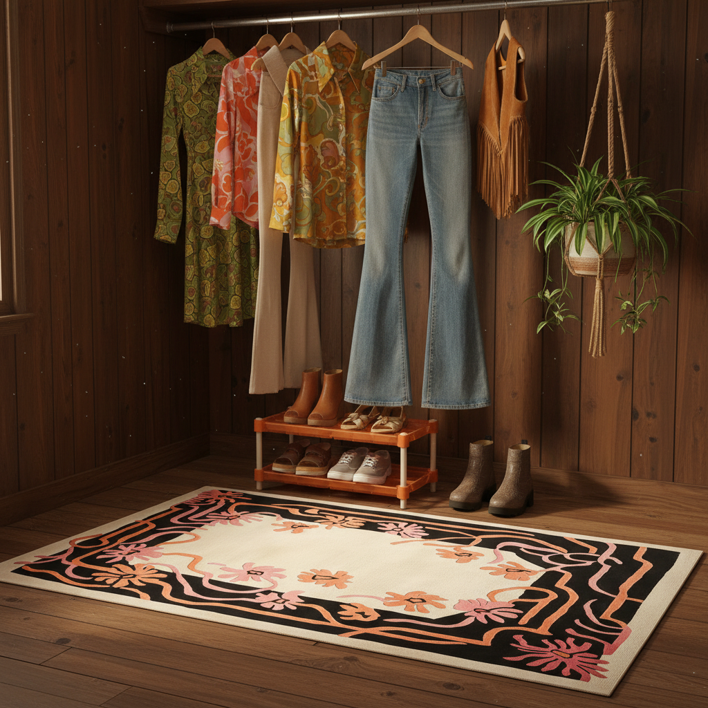 Vintage clothing and shoes displayed against a wooden wall with a decorative rug on the floor.