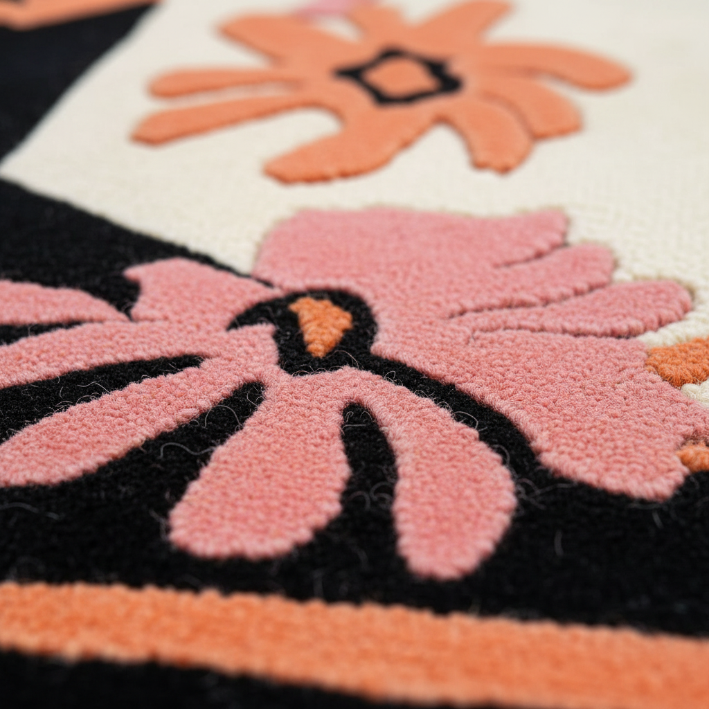 Close-up of a floral patterned rug with pink, orange, and black flowers.