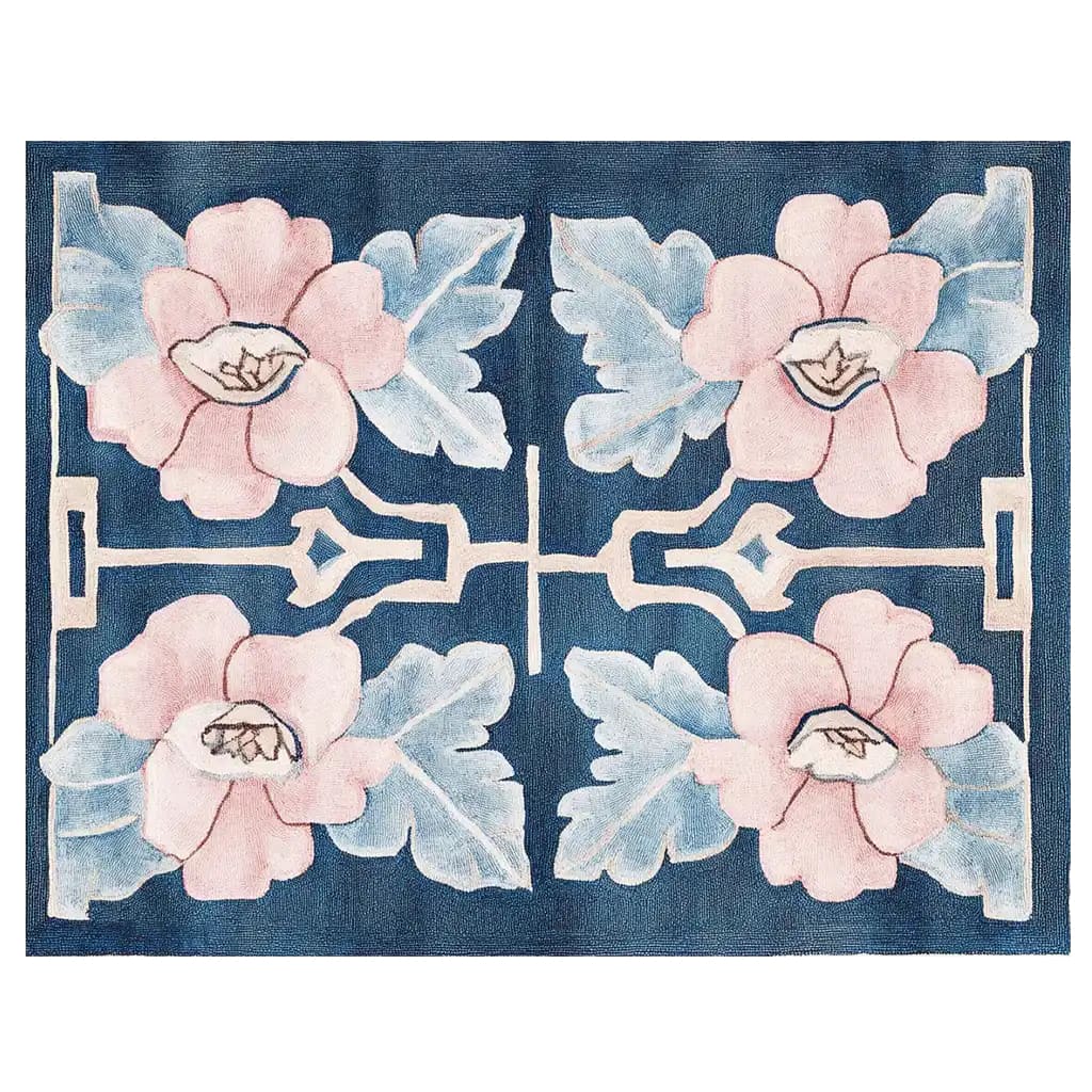 A beautifully hand-tufted wool area rug featuring a symmetrical floral design with pastel pink flowers and soft blue leaves against a deep blue background. Ideal for adding a contemporary touch to living room spaces, this 8x10 rug is perfect for those seeking stylish and cozy area rugs for living rooms.