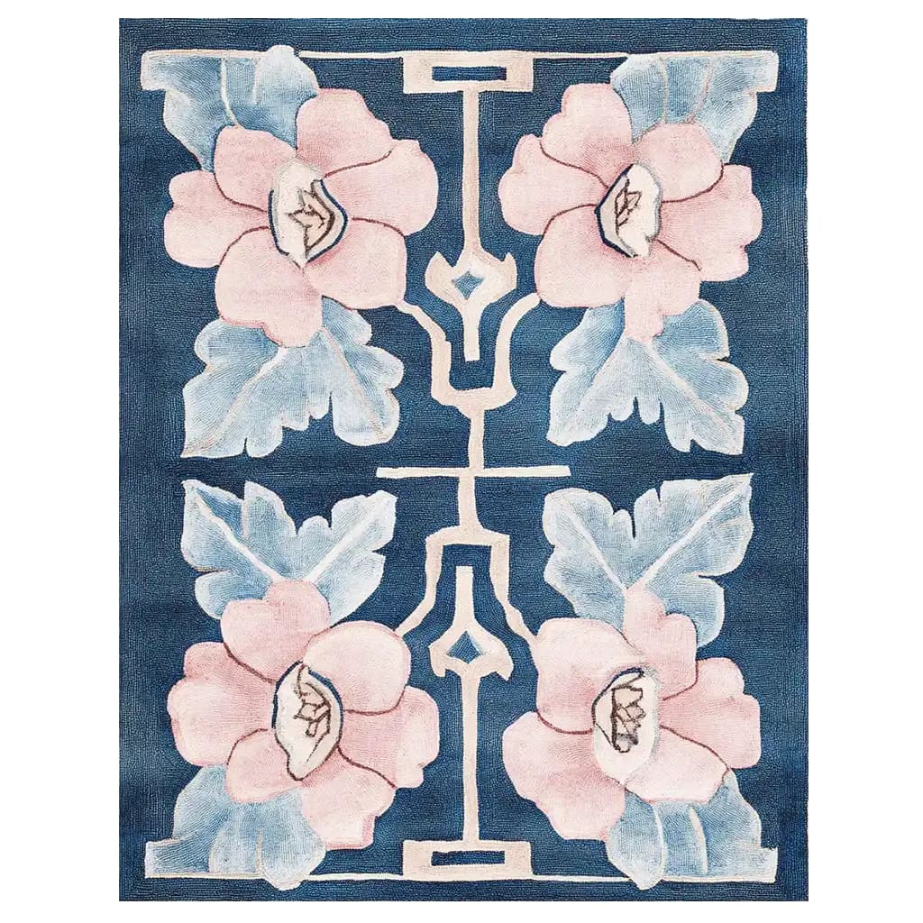 The Floral Symmetry Dance Hand Tufted Wool Rug showcases an elegant design with soft pink and blue floral patterns on a rich blue background. This contemporary area rug is perfect for enhancing your living room with an 8x10 size, offering both style and comfort. Crafted from high-quality wool, this rug adds a touch of sophistication to any space.