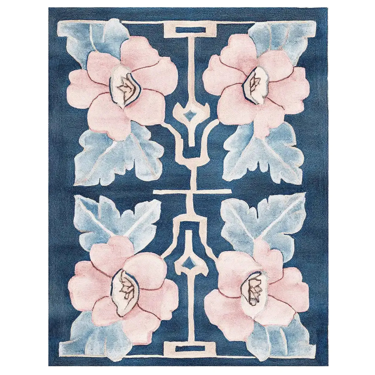 The Floral Symmetry Dance Hand Tufted Wool Rug showcases an elegant design with soft pink and blue floral patterns on a rich blue background. This contemporary area rug is perfect for enhancing your living room with an 8x10 size, offering both style and comfort. Crafted from high-quality wool, this rug adds a touch of sophistication to any space.