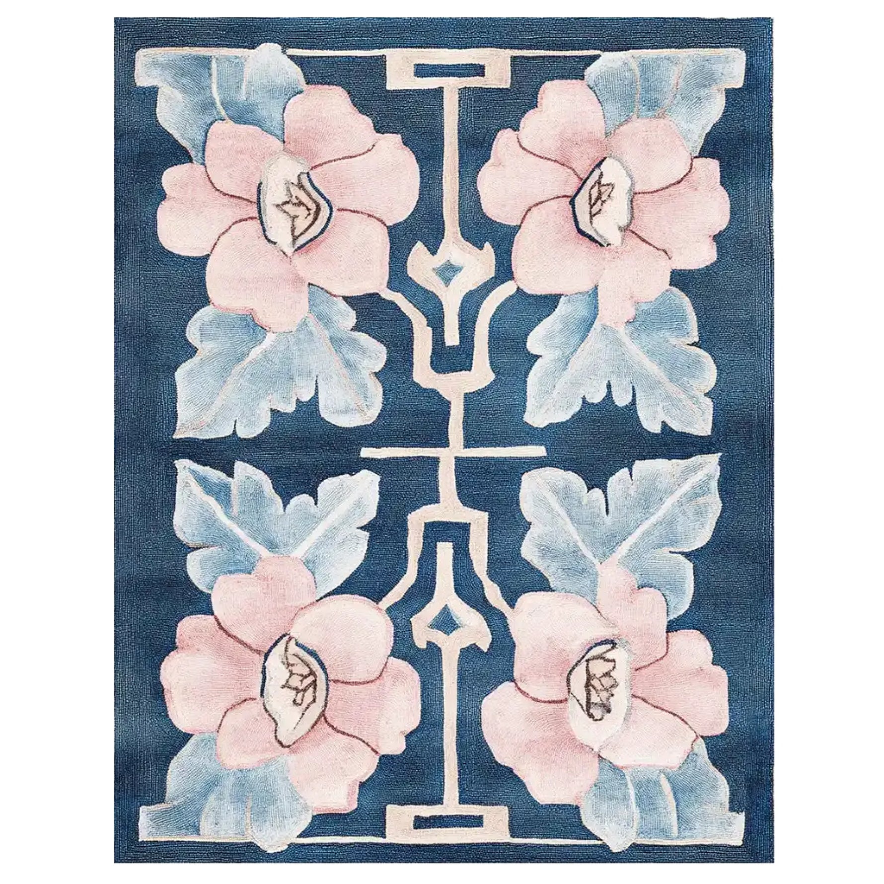 The Floral Symmetry Dance Hand Tufted Wool Rug showcases an elegant design with soft pink and blue floral patterns on a rich blue background. This contemporary area rug is perfect for enhancing your living room with an 8x10 size, offering both style and comfort. Crafted from high-quality wool, this rug adds a touch of sophistication to any space.