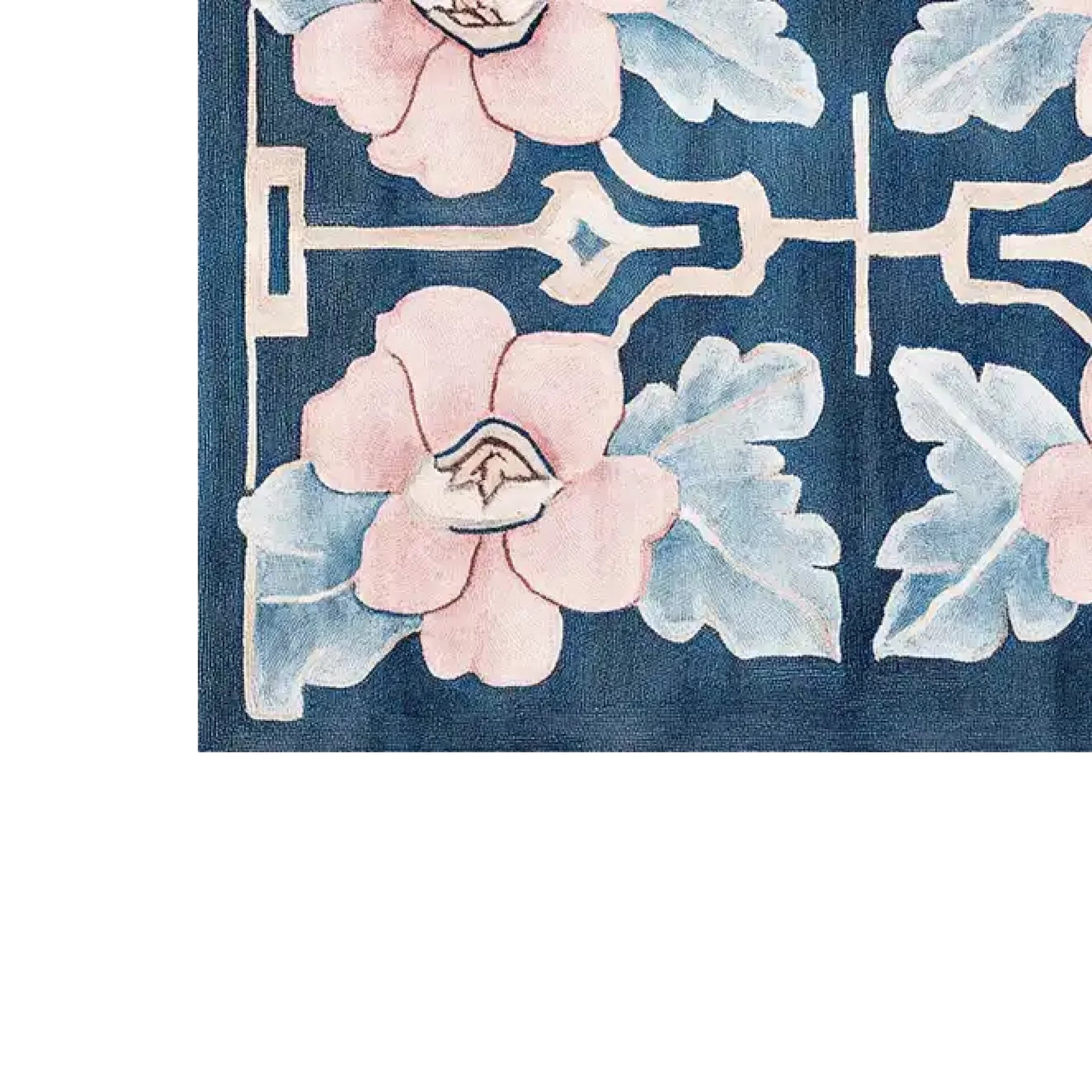 Close-up view of the Floral Symmetry Dance Hand Tufted Wool Rug, showcasing intricate floral patterns in soft pinks and blues against a deep blue background. This contemporary rug, ideal as an area rug for living rooms, adds elegance and warmth to any space. Perfectly sized as a living room rug 8x10, it's crafted from high-quality wool for a luxurious feel.