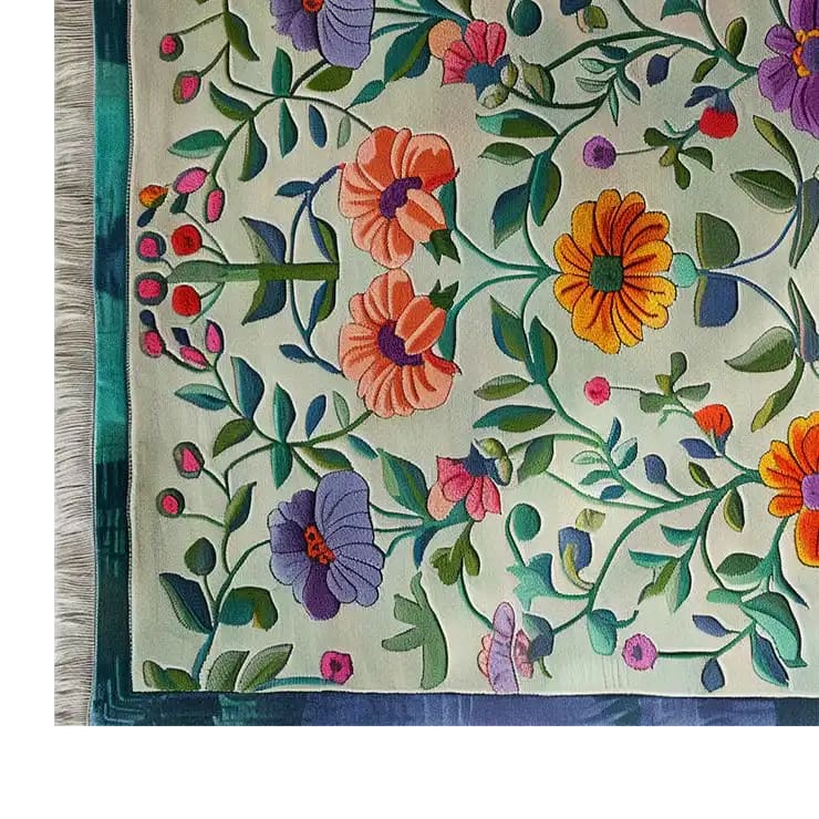 A vibrant Floral Symphony Hand Tufted Wool Rug featuring a colorful array of flowers and leaves, perfect as an area rug for the living room. This 8x10 wool rug showcases a detailed floral design with hues of orange, purple, and yellow, adding a touch of elegance to any living space.