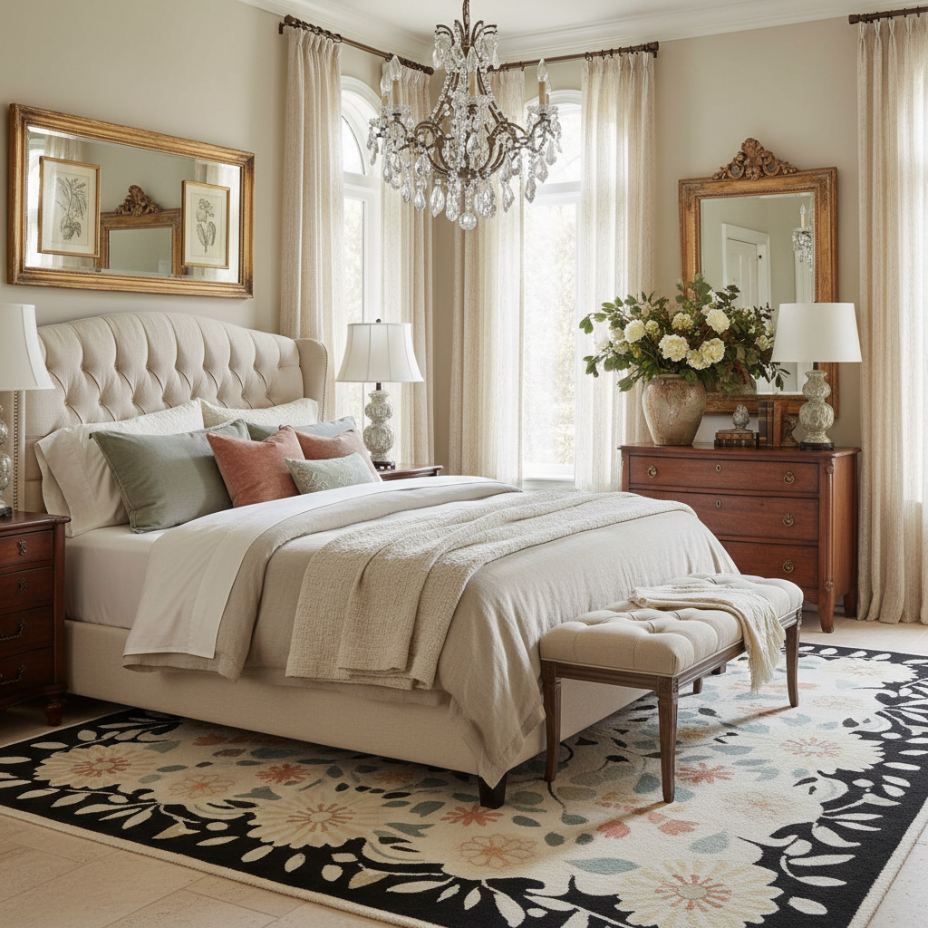 Luxurious bedroom with a large bed, wooden nightstands, a floral hand-tufted wool rug, and decorative elements.