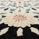 Close-up of a textured rug with floral patterns in black, white, and green.