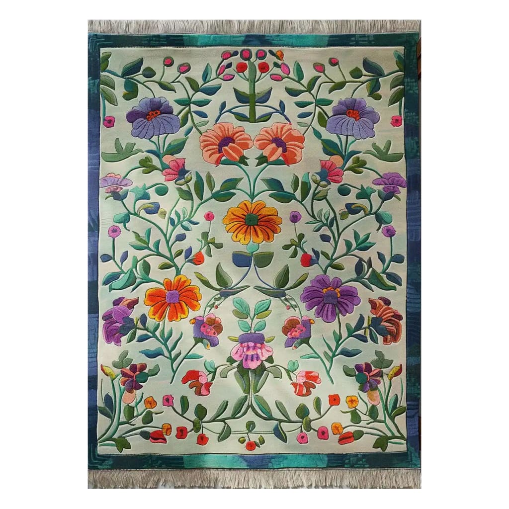 A vibrant Floral Symphony Hand Tufted Wool Rug showcasing a detailed floral pattern with colorful blooms and greenery, perfect for adding elegance to your living space. This area rug measures 8x10 and is ideal for living room decor, blending beauty and comfort with its soft wool material.