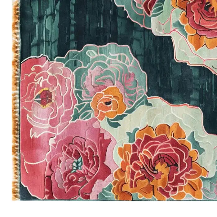 A vibrant Floral Symphony Hand Tufted Wool Rug showcasing an intricate design of colorful flowers in pink, orange, and green hues. Ideal as a large area rug for living rooms, this wool rug adds a touch of elegance and warmth to any space.