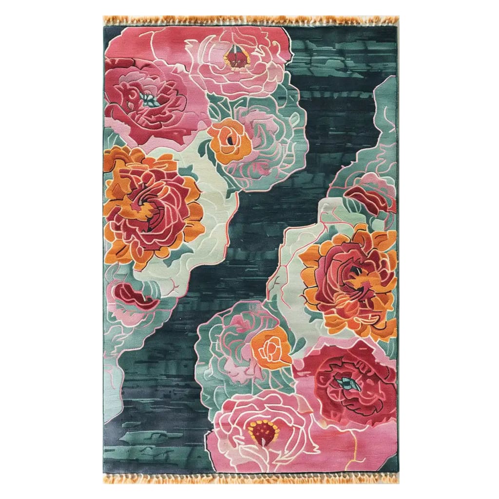 The Floral Symphony Hand Tufted Wool Rug is a stunning area rug perfect for any living room. Featuring vibrant floral patterns in shades of pink, orange, and green, this large living room rug adds a touch of elegance and warmth. The plush wool material ensures comfort and durability, making it an ideal choice for those seeking a beautiful floral rug.