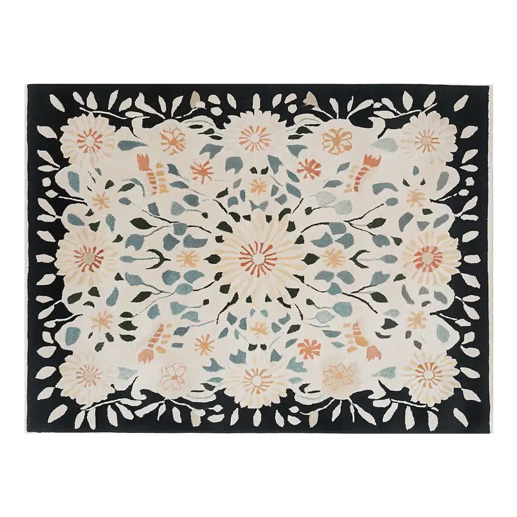 Top view of the Floral Symphony Hand Tufted Wool Rug, an elegant area rug perfect for adding a touch of nature to your living room. This 8x10 wool rug features intricate floral patterns with a harmonious blend of soft colors, making it a standout piece among living room area rugs.