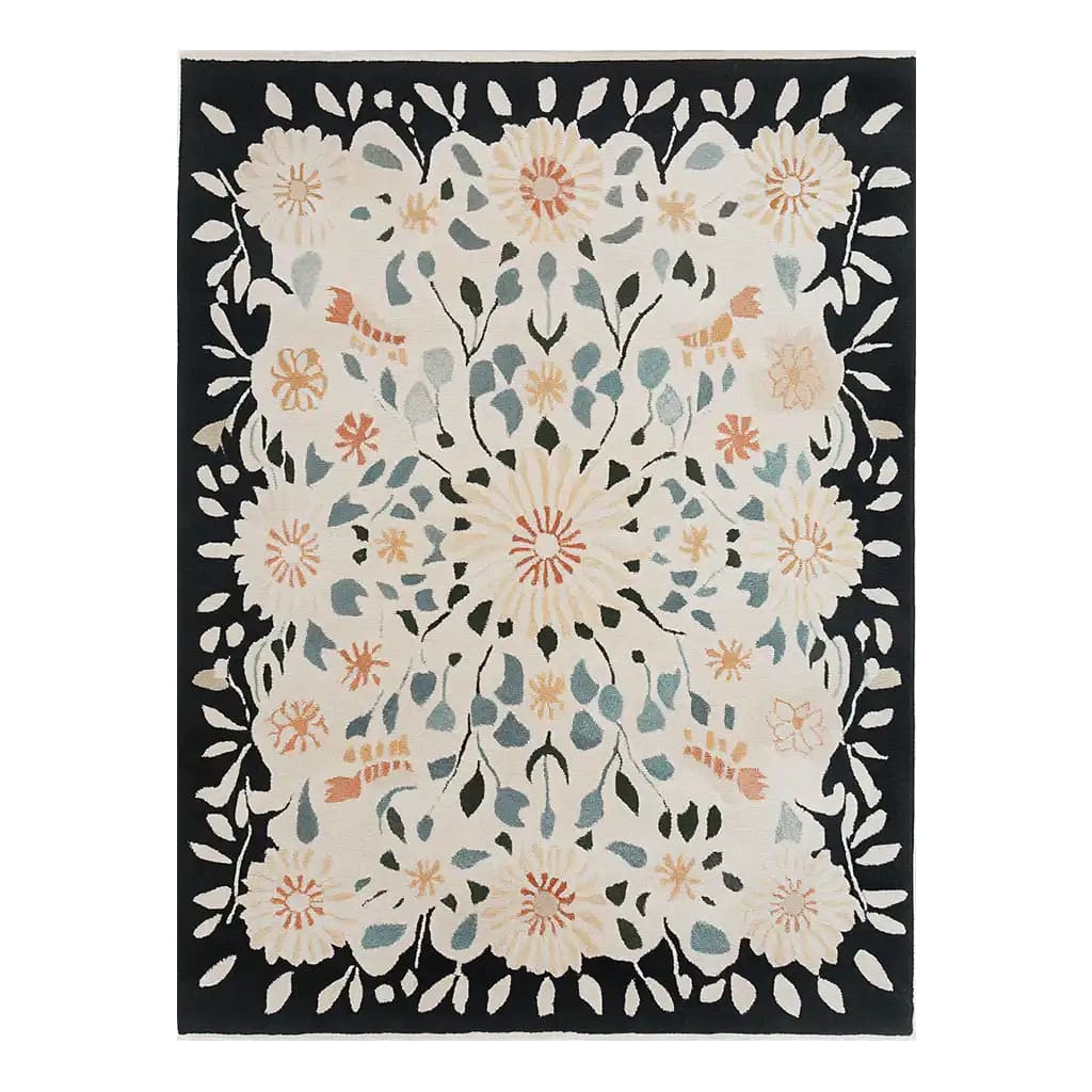 This image showcases the Floral Symphony Hand Tufted Wool Rug, an elegant area rug perfect for adding a touch of charm to your living room. The 8x10 wool rug features a beautiful floral design with intricate patterns in soft hues against a dark border, making it a standout choice for living room area rugs.