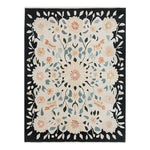This image showcases the Floral Symphony Hand Tufted Wool Rug, an elegant area rug perfect for adding a touch of charm to your living room. The 8x10 wool rug features a beautiful floral design with intricate patterns in soft hues against a dark border, making it a standout choice for living room area rugs.