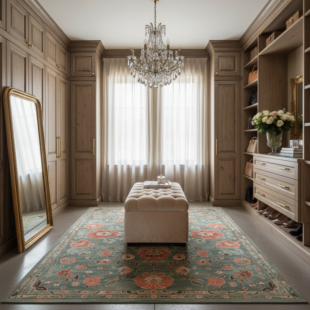 Luxurious closet with a chandelier, mirror, ottoman, and floral rug.