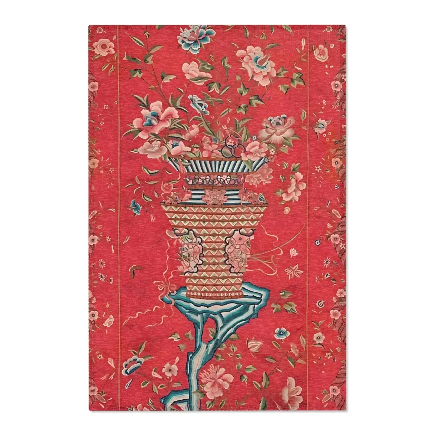 Floral Vase on Crimson Red Accent Rug