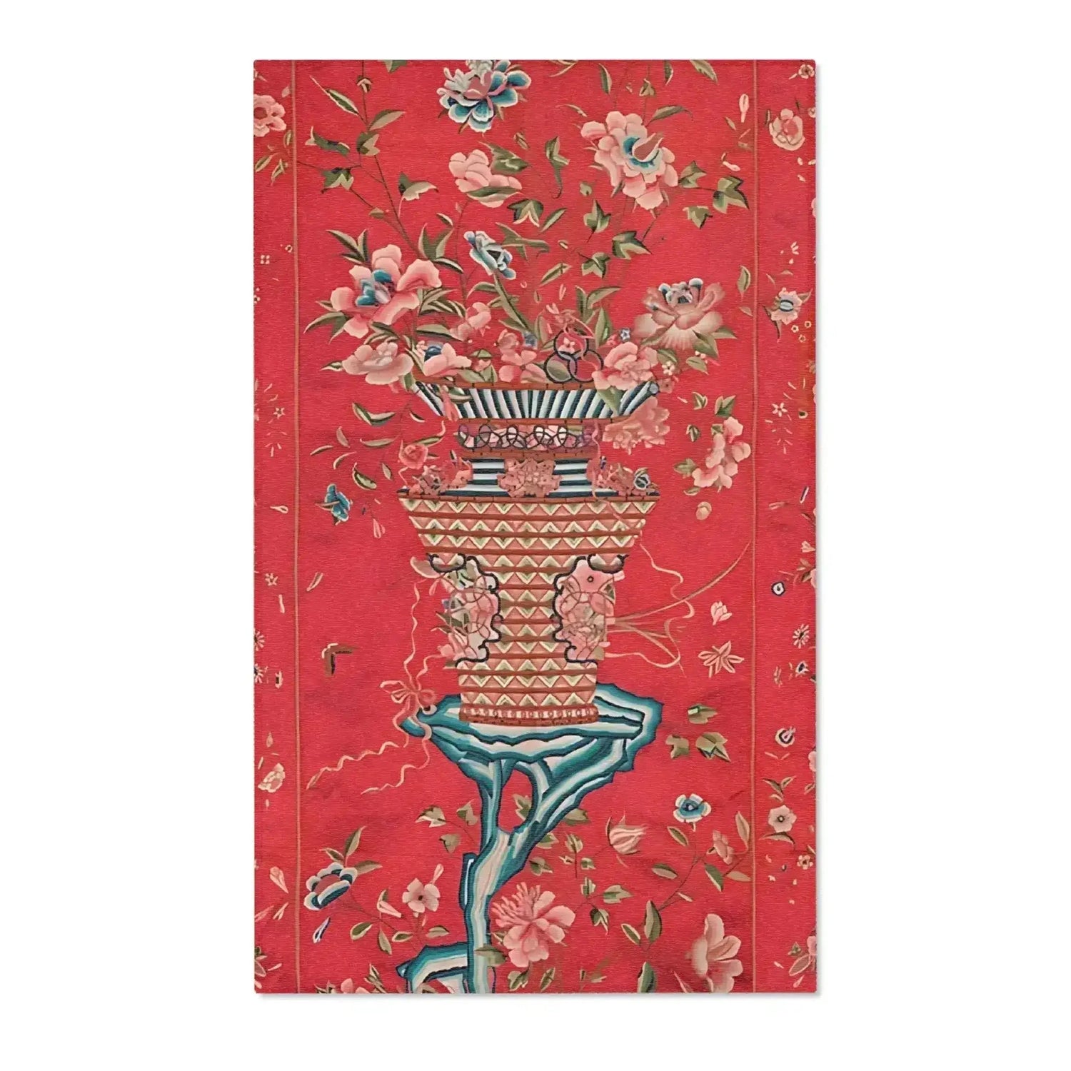 Floral Vase on Crimson Red Accent Rug