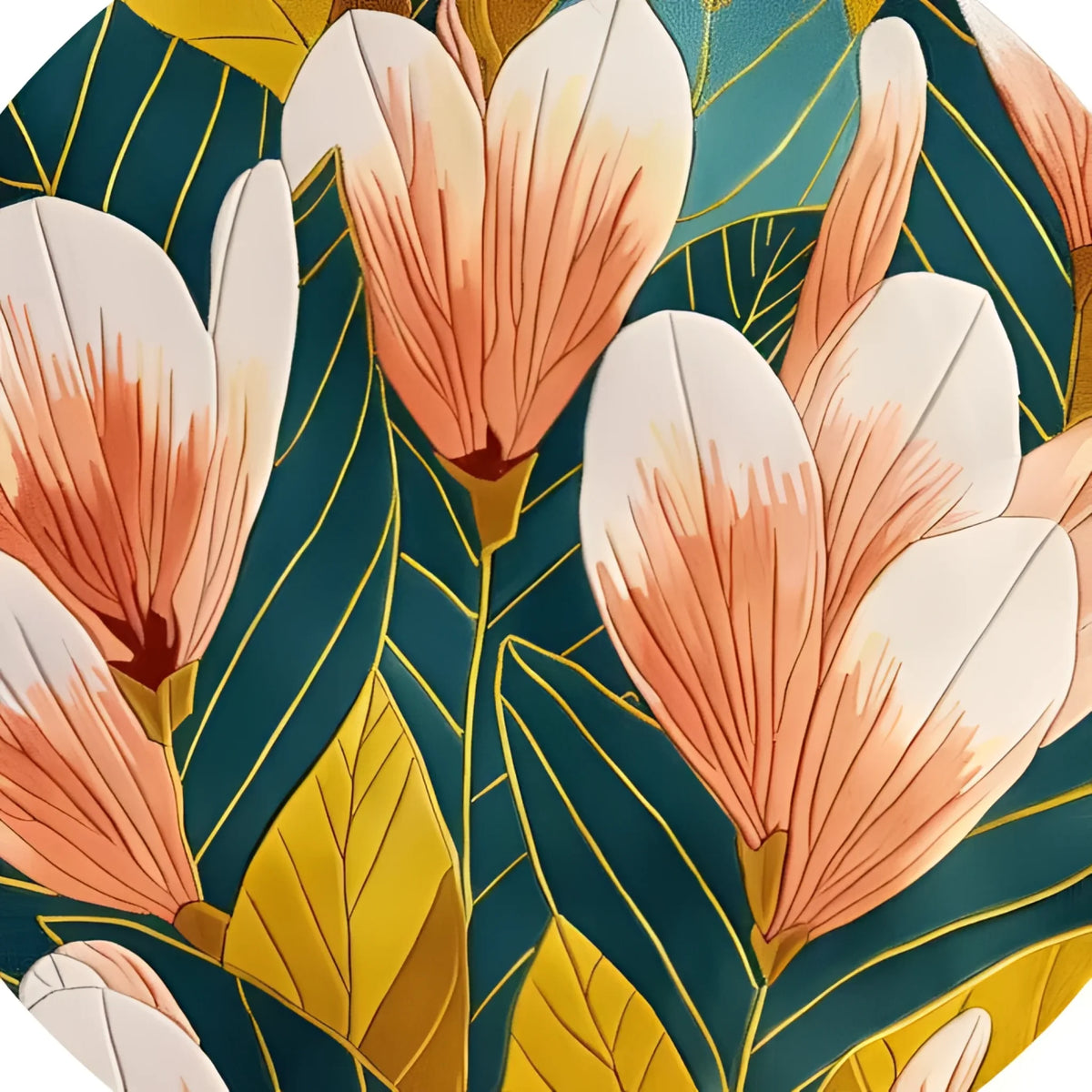 This vibrant round area rug features a stunning floral design with large pink and white petals against a rich green and yellow backdrop. Perfect for adding a touch of elegance to bedrooms or living rooms, this hand-tufted wool rug combines beauty and functionality. Ideal as a centerpiece in bedroom area rugs or as a stylish addition to living room rugs 8x10, this floral rug brings a vineyard-inspired aesthetic to any space.