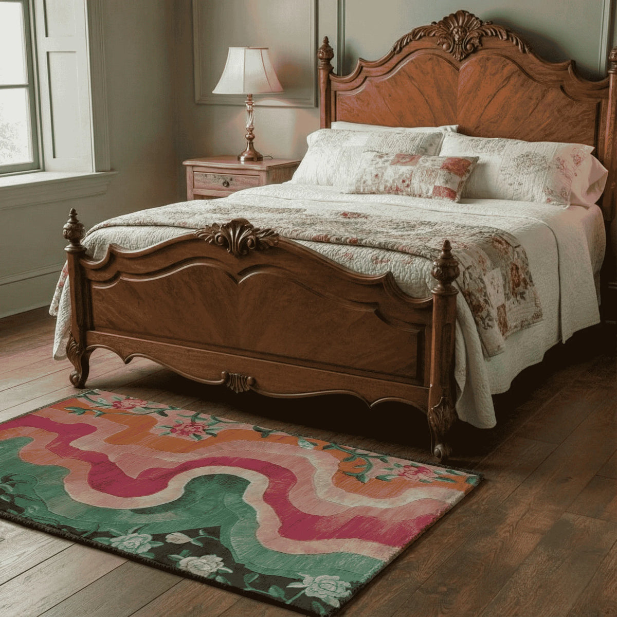 Wooden bed with floral bedding in a bedroom setting in front of a rug