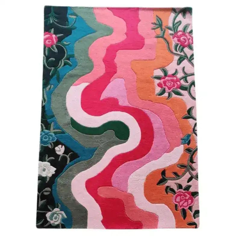 Vibrant Floral Wavefront Hand Tufted Area Rug showcasing a bold, colorful design with swirling patterns and floral motifs, perfect for adding a touch of elegance to living rooms and dining spaces. This wool rug in an 8x10 size combines modern abstract art with traditional floral elements, making it a stunning focal point for any room.