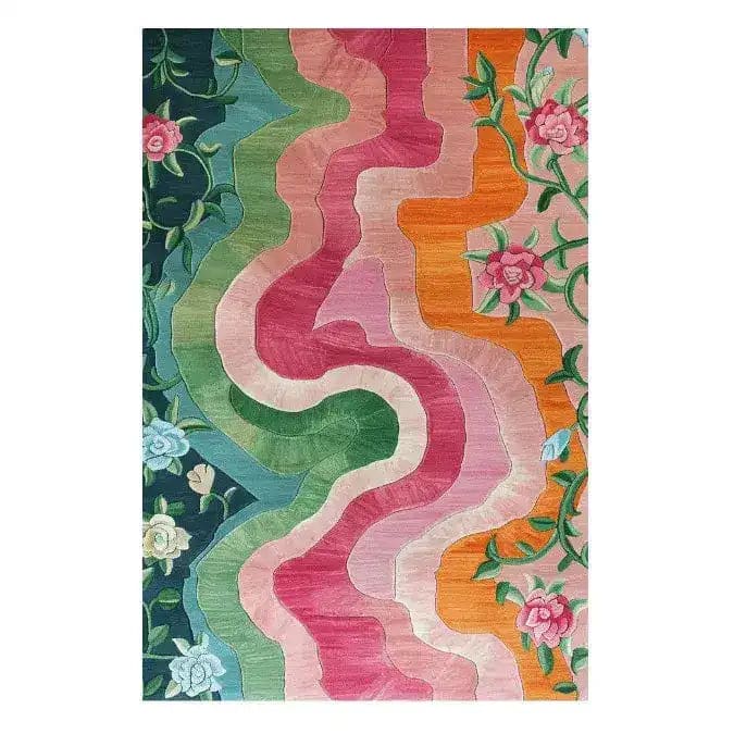 Vibrant Floral Wavefront Hand Tufted Area Rug featuring a dynamic wave pattern in shades of green, pink, and orange. This wool rug showcases elegant floral details, perfect for adding a splash of color to any living room or dining room space. Ideal for those searching for living room rugs 8x10 with a unique and artistic flair.