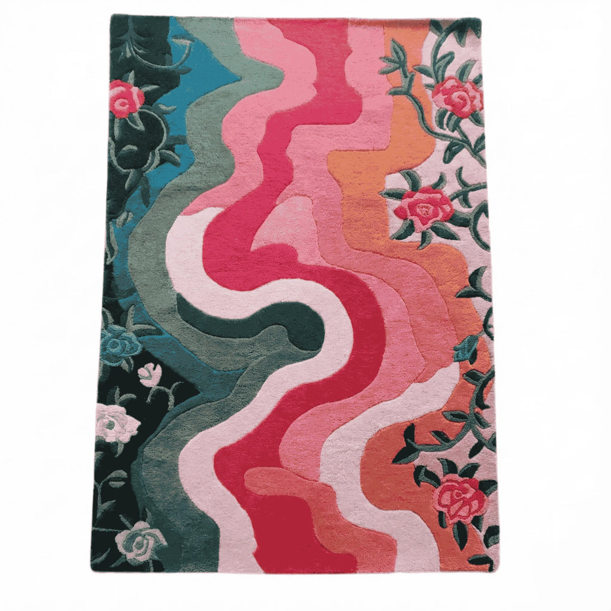 Colorful abstract patterned rug with floral elements on a white background