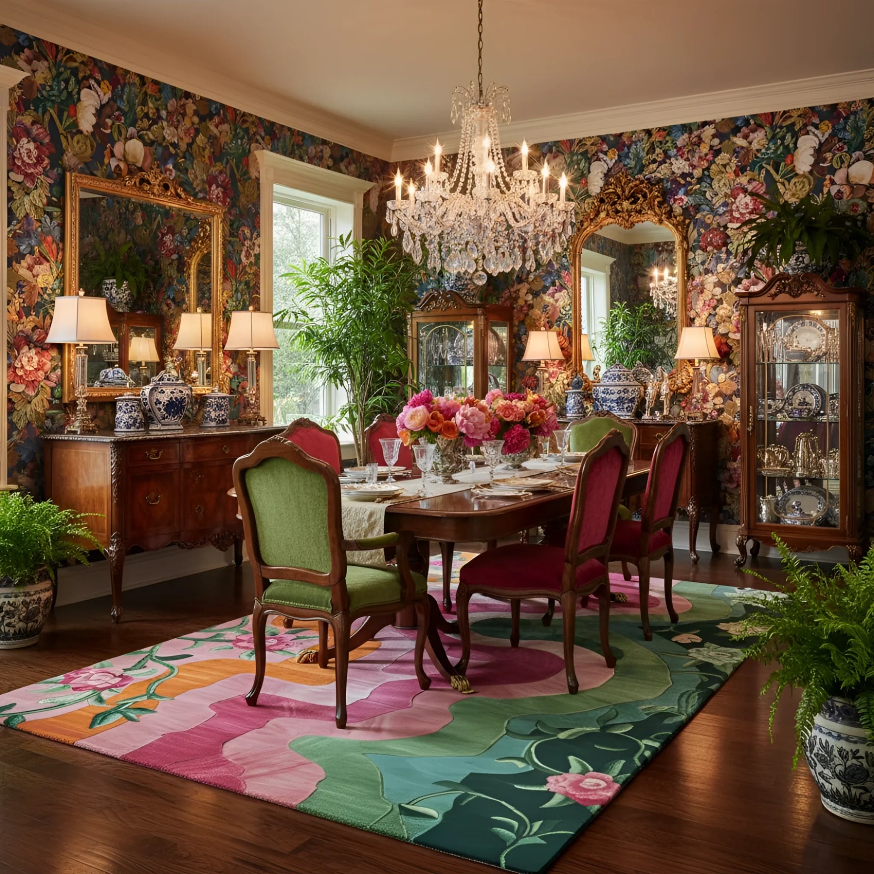 Floral Wavefront rug with pink and green swirls anchoring a lavish floral-papered dining room