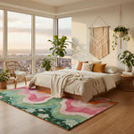Floral Wavefront rug with swirling pink and green waves grounding a sunlit boho bedroom