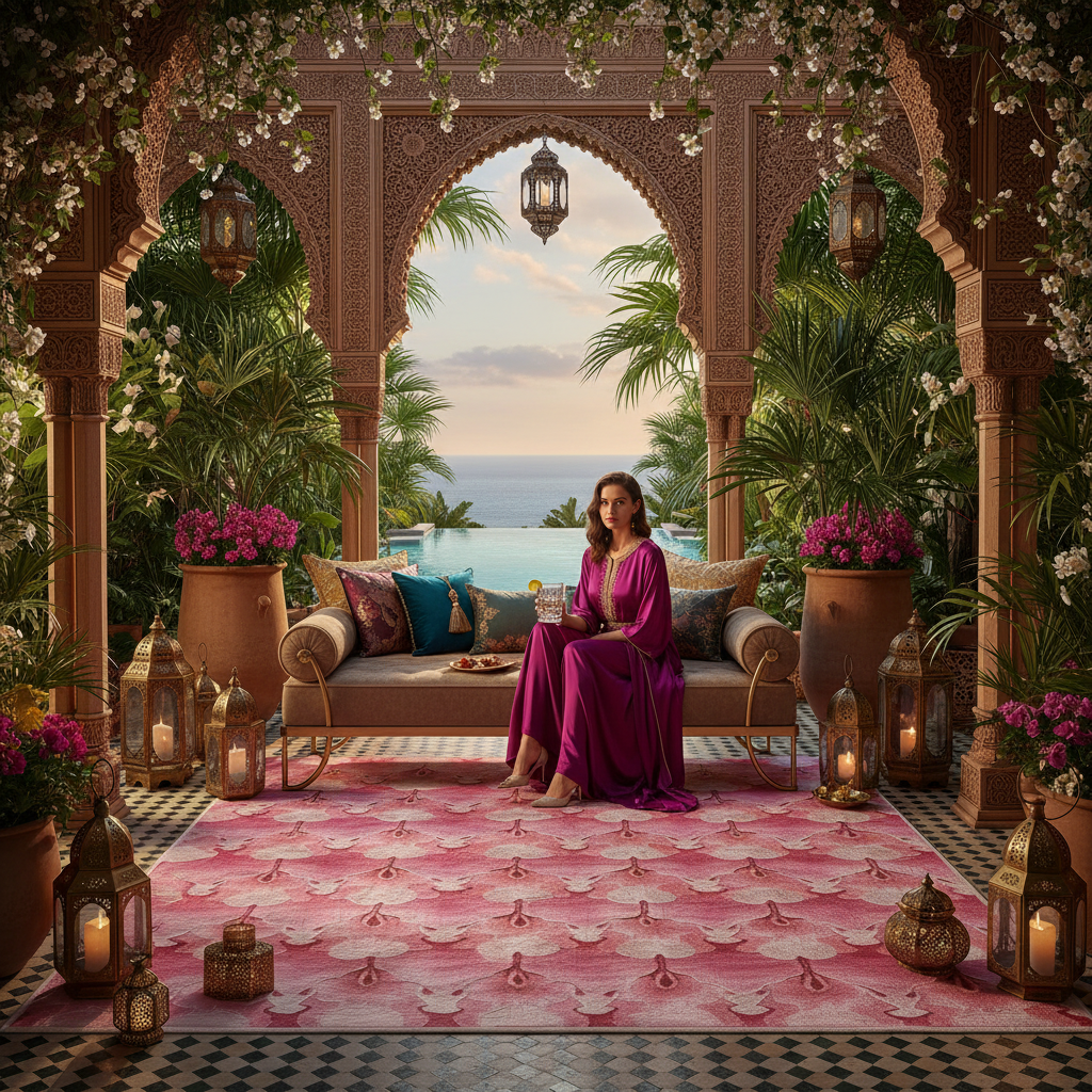 Woman in a purple dress sitting on a decorated outdoor patio, and a rug, with ocean view