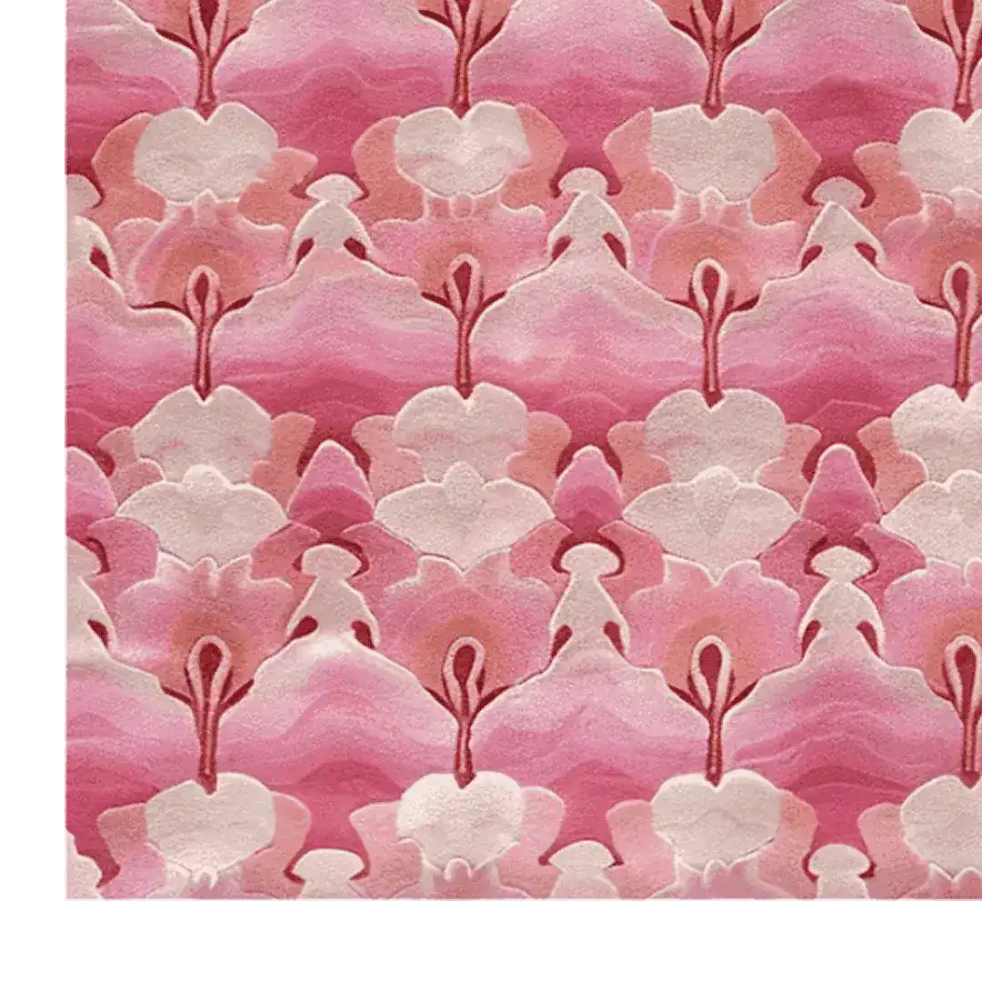 A beautifully detailed Floral Whisper Hand Tufted Area Rug featuring a pink and white floral pattern. This wool rug is perfect for adding elegance to living room spaces, especially in the popular 8x10 size.