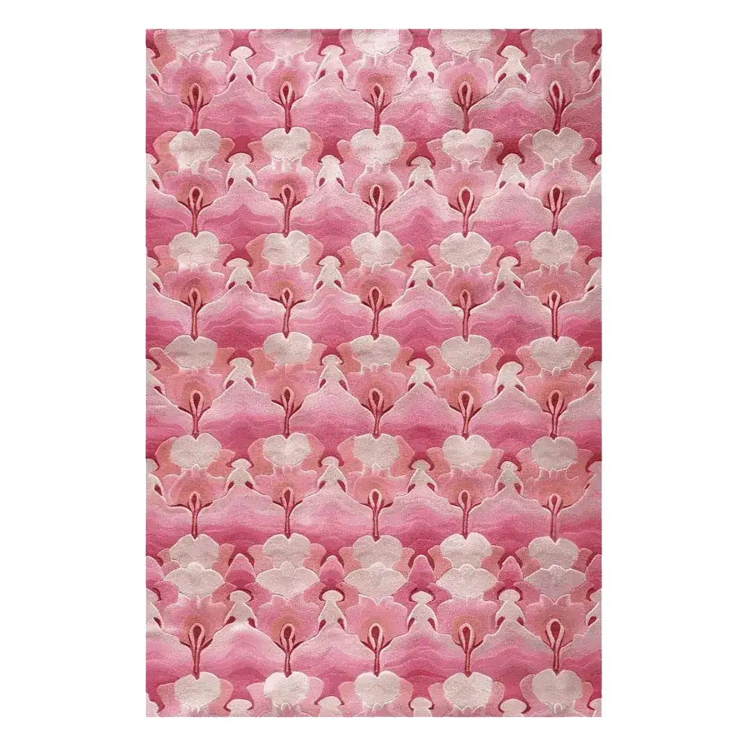 A vibrant Floral Whisper Hand Tufted Area Rug showcasing an intricate pink floral pattern. Ideal for living rooms, this 8x10 wool rug adds a touch of elegance and warmth, perfect for those seeking beautiful area rugs for a stylish living room.