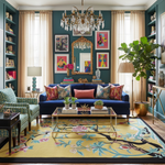 Living room with blue sofa, colorful decor, a yellow chinoiserie wool rug, and a chandelier.
