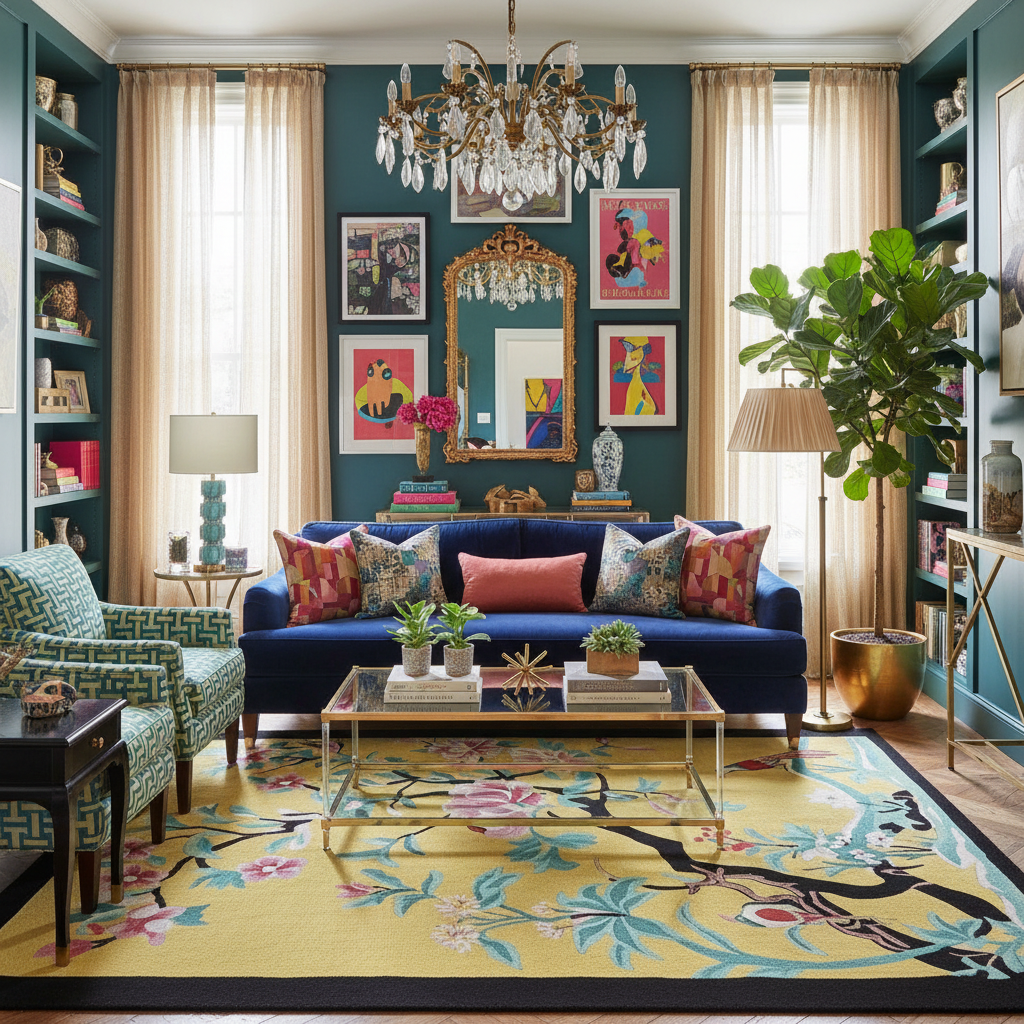 Living room with blue sofa, colorful decor, a yellow chinoiserie wool rug, and a chandelier.