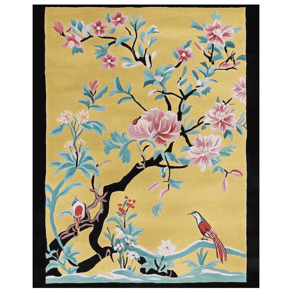 The Floral Whispers Hand Tufted Area Rug showcases a vibrant design with blooming flowers and a bird, perfect for adding a touch of nature to any living room. This wool rug combines artistry and comfort, making it an ideal choice for those seeking stylish living room area rugs.