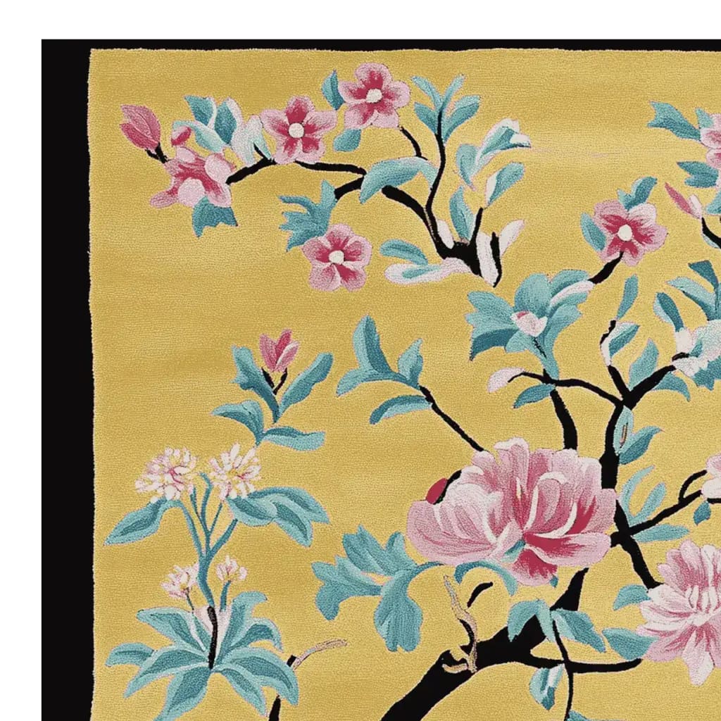 Vibrant hand-tufted area rug with a floral design, featuring pink and blue blossoms on a yellow background. Perfect for adding a touch of elegance to living room spaces, this wool rug complements any decor style.