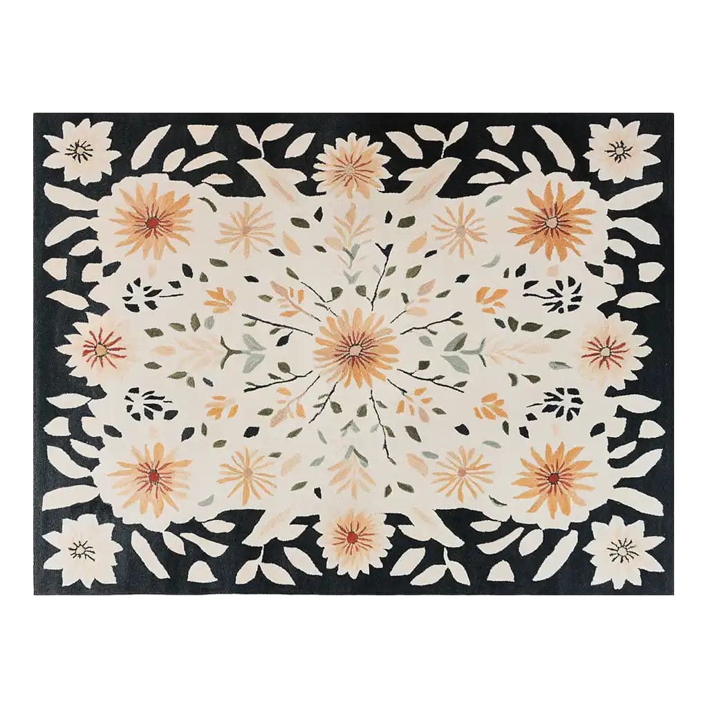 Florentine Blossom Cascade Hand Tufted Wool Rug featuring a vibrant floral design. This area rug is perfect for adding a touch of elegance to your living room. The intricate pattern of orange and cream flowers on a dark background makes it an ideal wool rug for those looking for stylish rugs for living room settings.