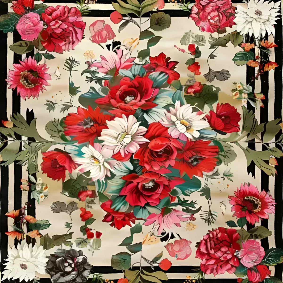 Beautifully detailed square area rug featuring a vibrant floral design. This hand-knotted wool rug showcases a stunning array of red, pink, and white flowers with lush green leaves, perfect for adding elegance to any living room. Ideal for those seeking Persian rugs or a striking floral rug to complement their home decor.