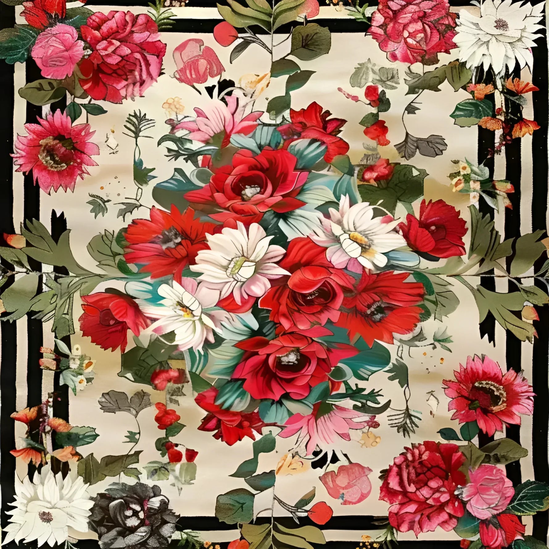 Beautifully detailed square area rug featuring a vibrant floral design. This hand-knotted wool rug showcases a stunning array of red, pink, and white flowers with lush green leaves, perfect for adding elegance to any living room. Ideal for those seeking Persian rugs or a striking floral rug to complement their home decor.