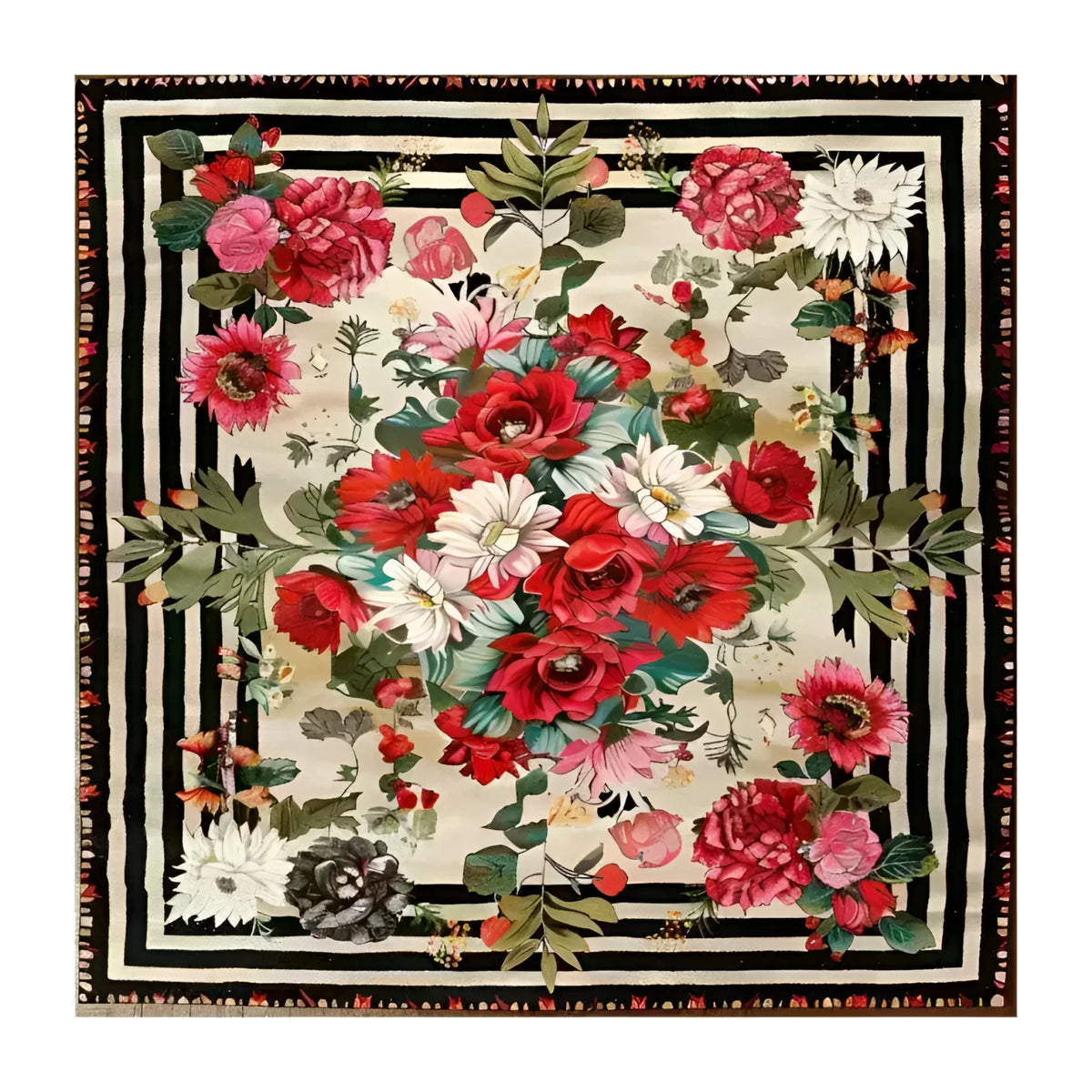 Flourish Fields Floral Wool Hand Knotted Area Rug, featuring vibrant red and pink floral patterns on a square design. This wool rug adds elegance to any living room, reminiscent of classic Persian rugs with its intricate detailing.