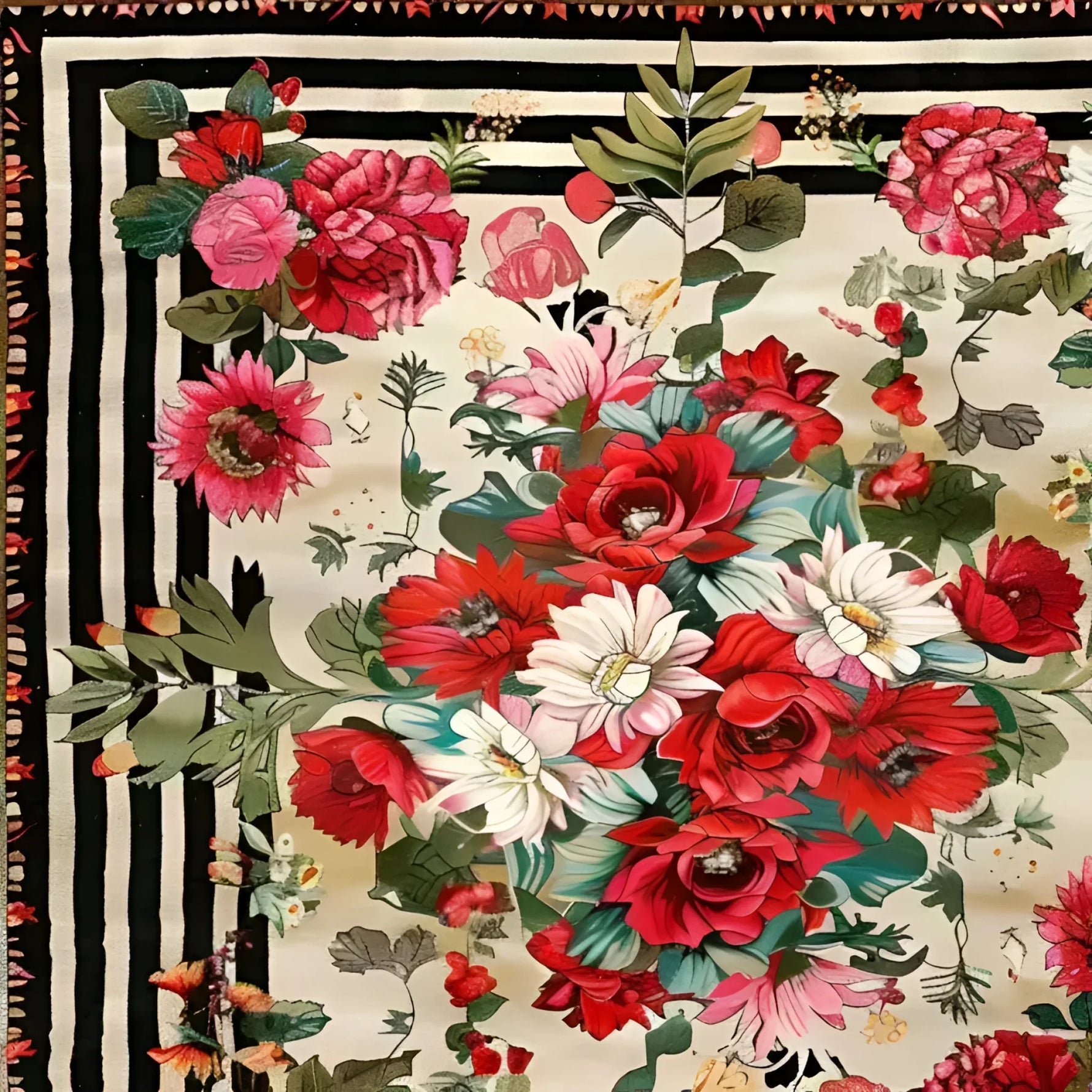 Flourish Fields Floral Wool Hand Knotted Area Rug featuring a vibrant display of red, pink, and white flowers with green leaves. Set against a striped black and white border, this square rug offers a Persian-inspired design perfect for adding a touch of elegance to living room spaces. The wool rug's intricate floral pattern highlights its handcrafted quality, making it a standout among living room area rugs.