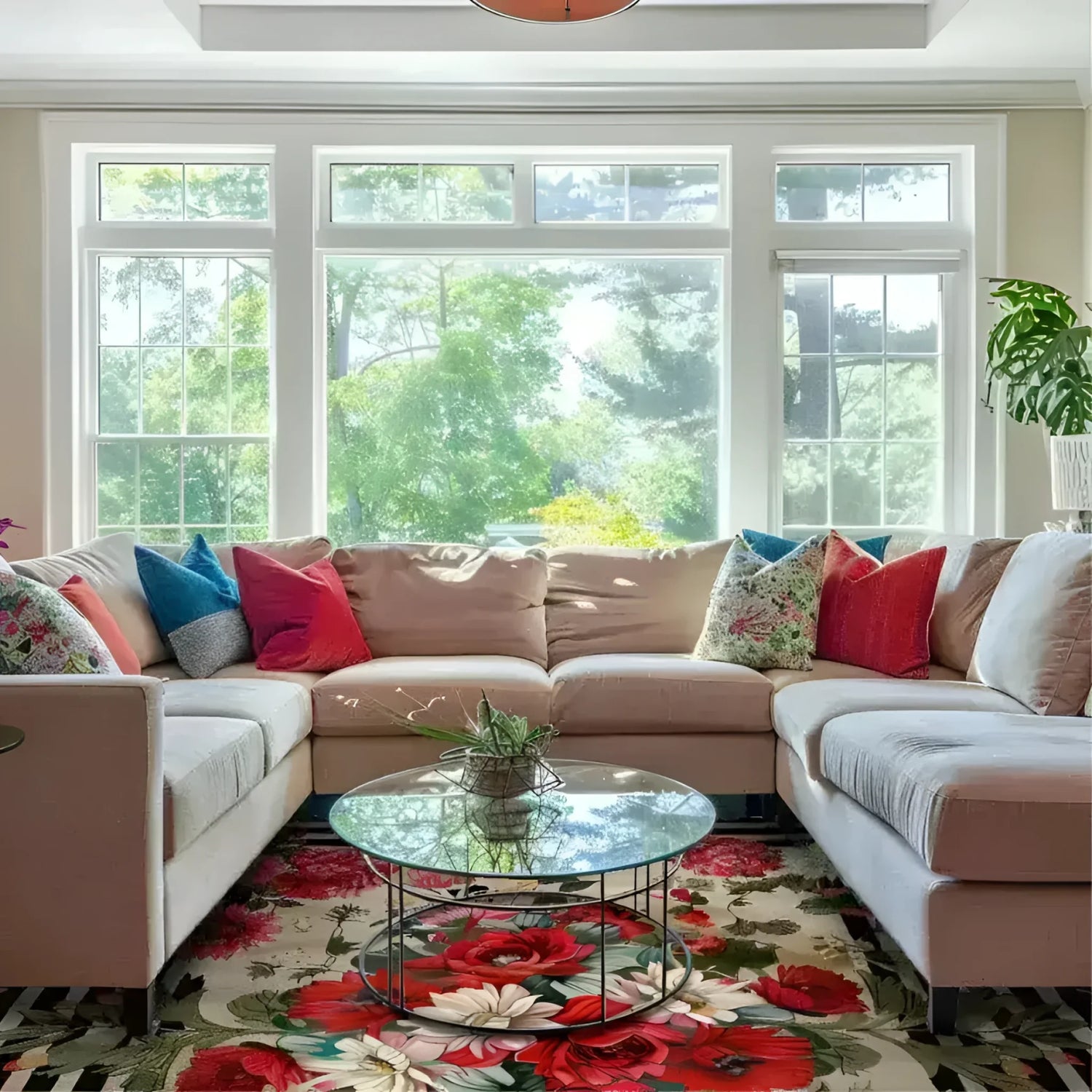 A cozy living room featuring a Flourish Fields Floral Wool Hand Knotted Area Rug with vibrant floral patterns beneath a glass coffee table. The square wool rug adds a touch of elegance, complementing the beige sectional sofa adorned with colorful cushions. Large windows in the background bring in natural light, enhancing the beauty of this Persian-style square area rug, perfect for any living room setting.