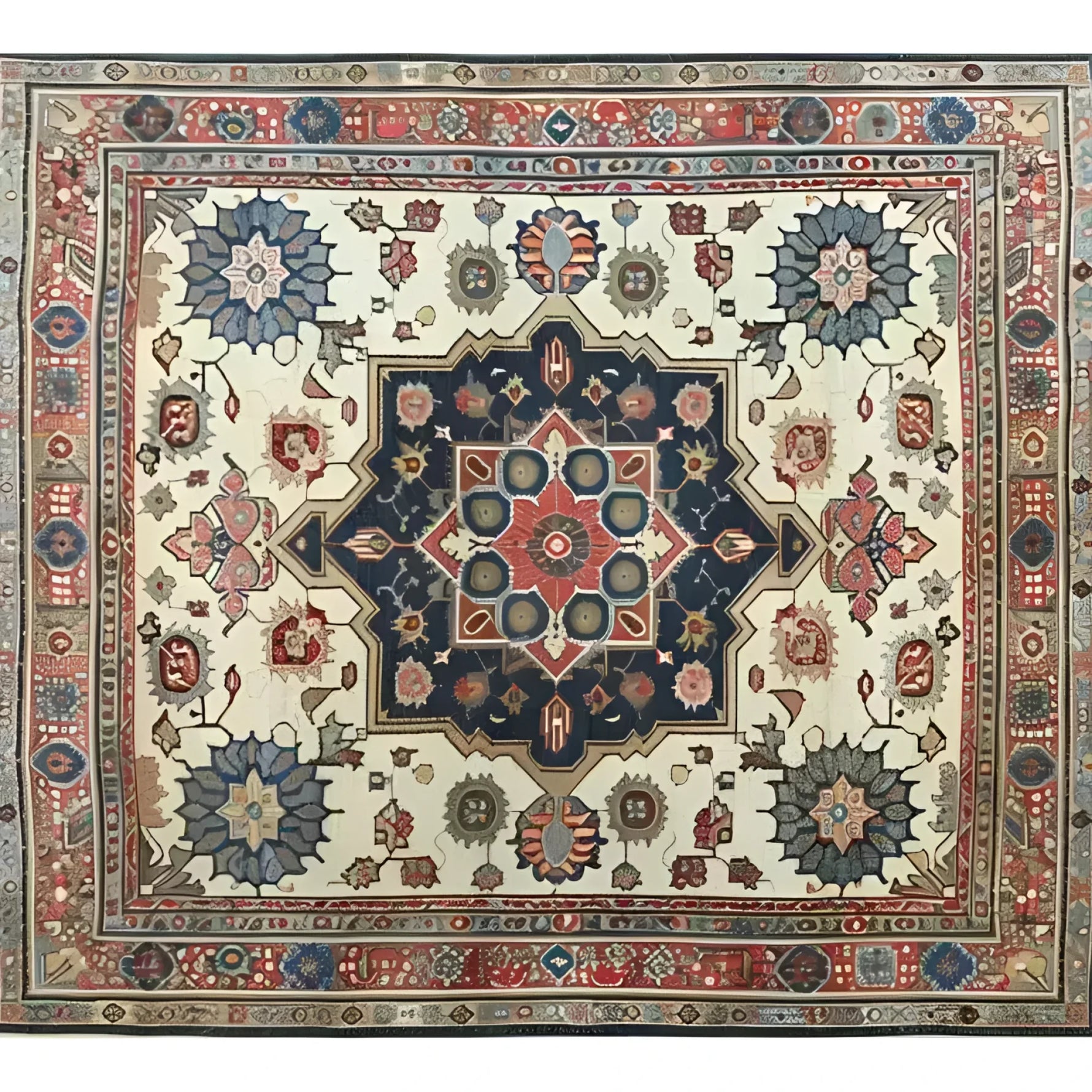 A beautifully designed Flourishing Tapestry Hand Knotted Area Rug showcasing intricate floral patterns and rich colors. This vintage rug, reminiscent of Persian rugs, is the perfect addition to any living room. The rug, measuring 8x10, features a central floral motif surrounded by exquisite detailing, making it an elegant choice for those seeking a floral rug for their home decor.