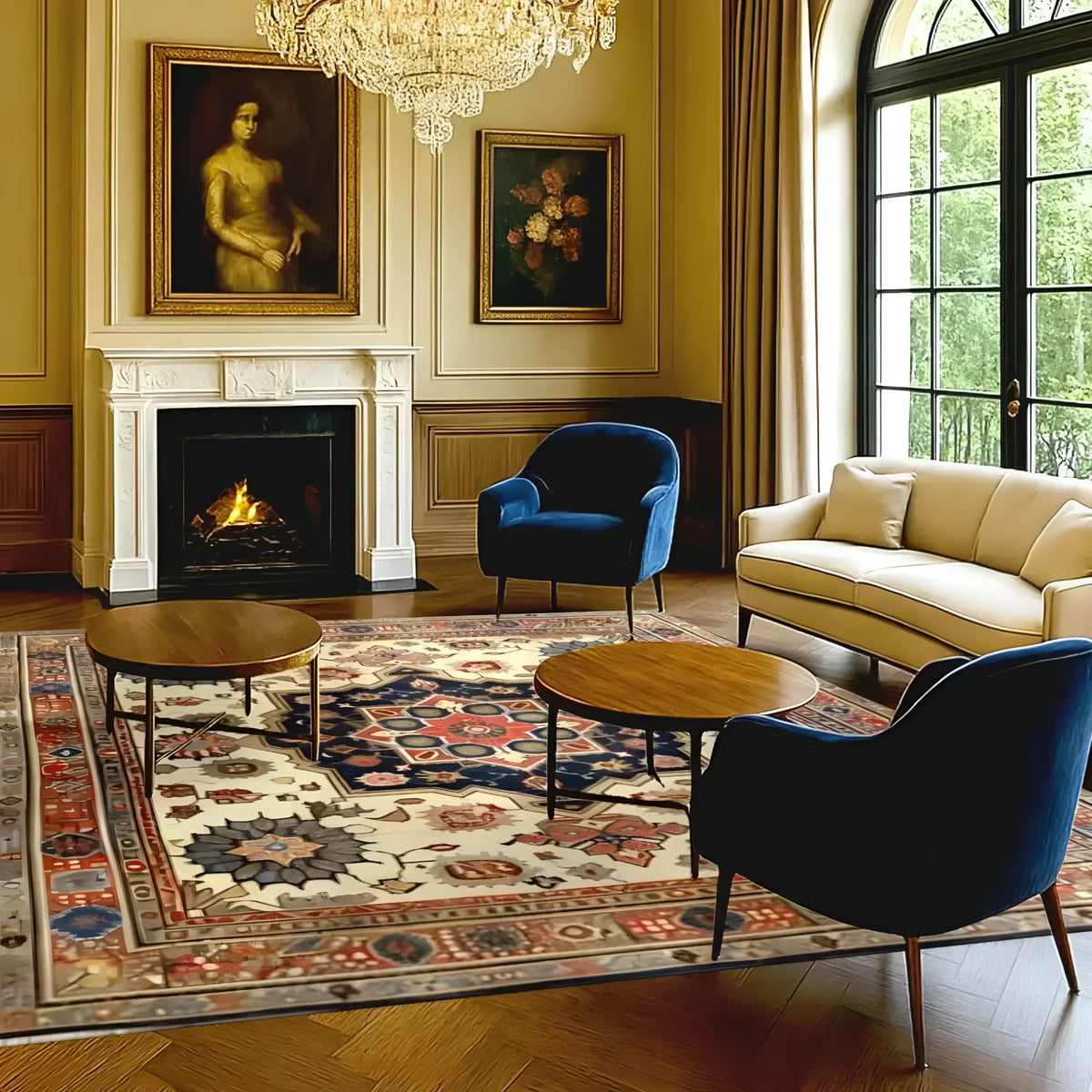 Elegant living room featuring a Flourishing Tapestry Hand Knotted Area Rug with intricate floral patterns, reminiscent of vintage Persian rugs. The 8x10 rug adds a touch of luxury to the space, complementing the classic decor with blue velvet chairs, a cream sofa, and a wooden coffee table set against a warm-toned wooden floor.